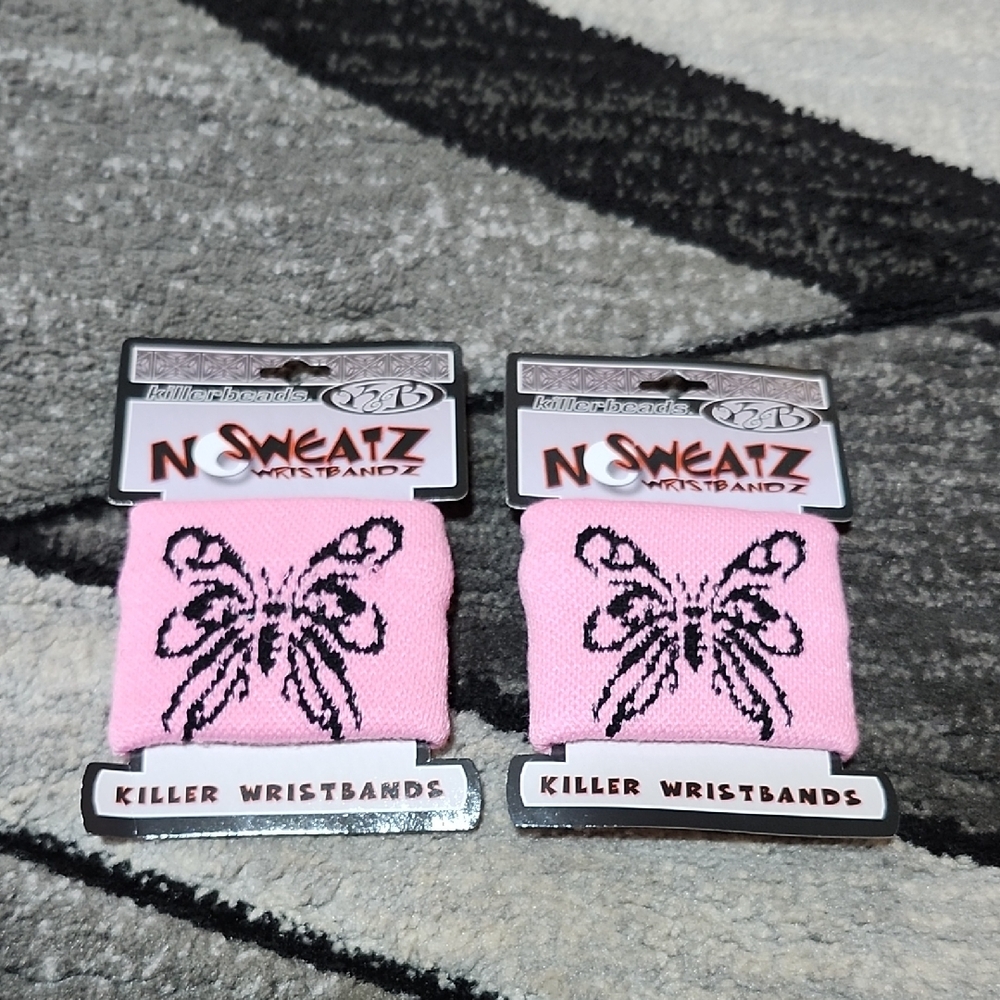 KILLER BEADS NO SWEATZ PINK BUTTERFLY 2-PC SWEATBAND WRIST WRAP/BANDS